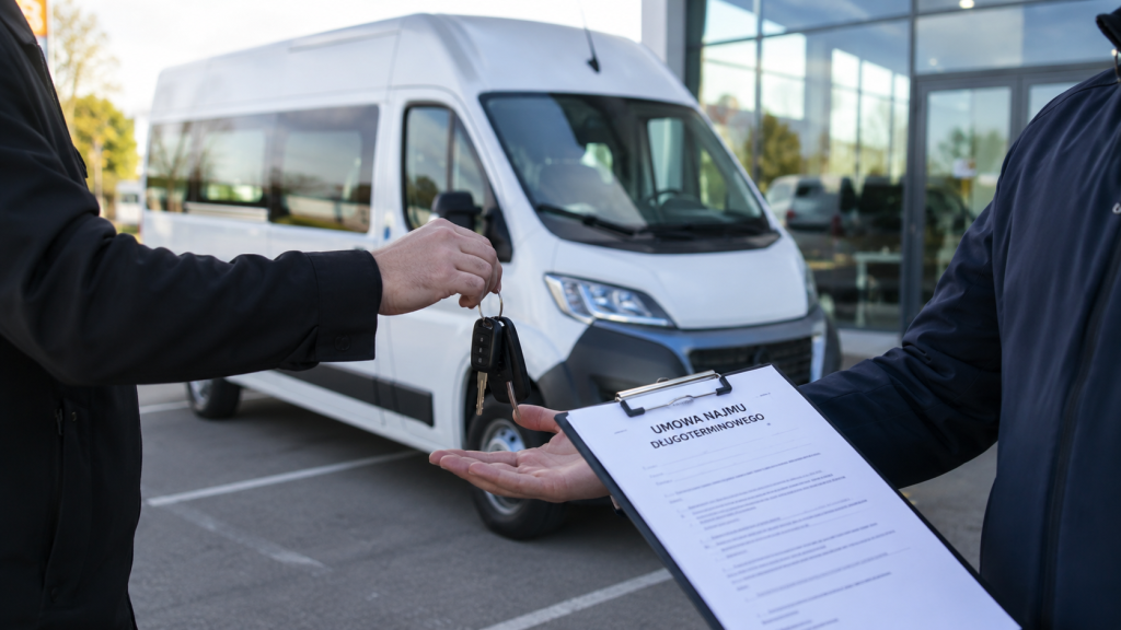 Na obrazie widoczny jest moment przekazania białego busa w ramach najmu długoterminowego