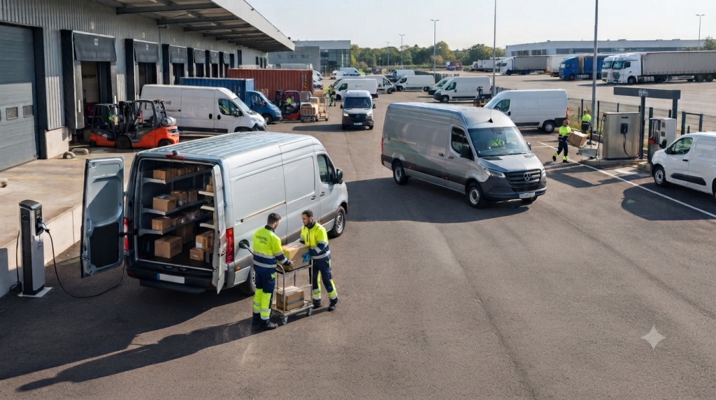 Ilustracja przedstawia nowoczesną, rozległą bazę logistyczną oraz plac manewrowy firmy kurierskiej w ciągu dnia