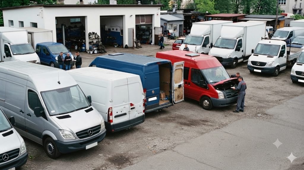 Ten obraz przedstawia plac komisu samochodowego lub warsztatu zajmującego się sprzedażą i obsługą używanych samochodów dostawczych