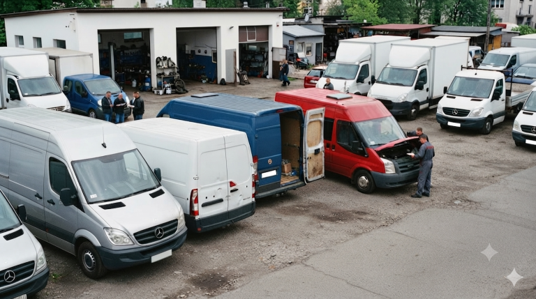 Ten obraz przedstawia plac komisu samochodowego lub warsztatu zajmującego się sprzedażą i obsługą używanych samochodów dostawczych