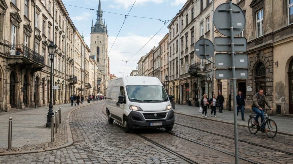 Na tym obrazie widać realistyczną scenę uliczną w historycznym centrum europejskiego miasta