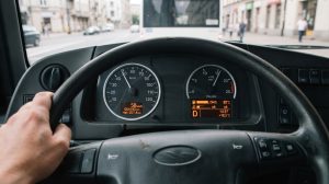 Na obrazie widać wnętrze kabiny kierowcy autobusu podczas jazdy po ulicy miasta