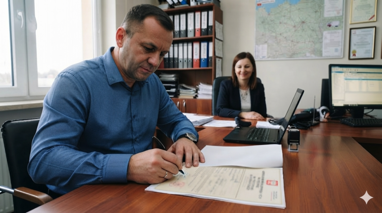 Na tym obrazie widać mężczyznę w biurze, który jest zajęty podpisywaniem dokumentu